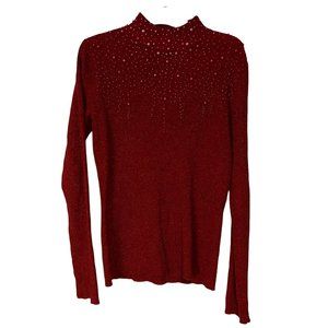 23rd St Sweater Red Metallic Beaded Stretch Mock Collar Career Date Night